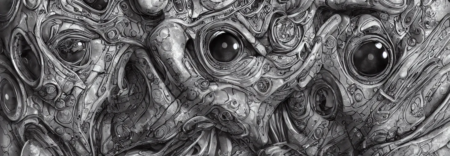 Image similar to engineer alien face by Artgerm, alien, highly detailed, symmetrical long head, smooth marble surfaces, detailed ink illustration, raiden metal gear, cinematic smooth stone, deep aesthetic, concept art, post process, 4k, carved marble texture and silk cloth, latex skin, highly ornate intricate details, moody lighting, hr geiger, hayao miyazaki, by Artgerm