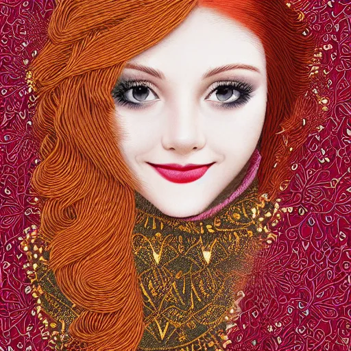 Image similar to Highly detailed embroidery design of a beautiful young woman with red hair, smiling by Disney, Thread material, Fabric material, gold details, Emerald insets, Golden thread, golden details, intricate details, intricate patterns 4k, 8k, HDR