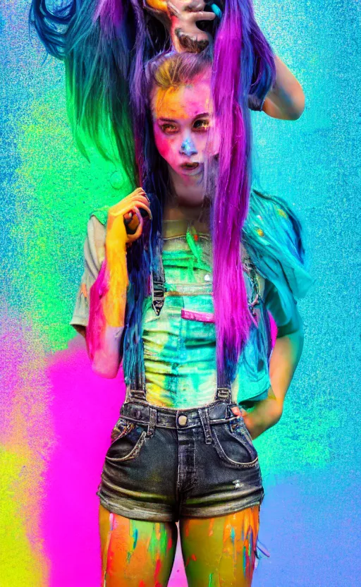 Prompt: grungy woman, rainbow hair, soft eyes and narrow chin, dainty figure, wet t-shirt, torn overalls, skimpy shorts, covered in neon paint, luminescent, black background, Sony a7R IV, symmetric balance, polarizing filter, Photolab, Lightroom, 4K, Dolby Vision, Photography Award