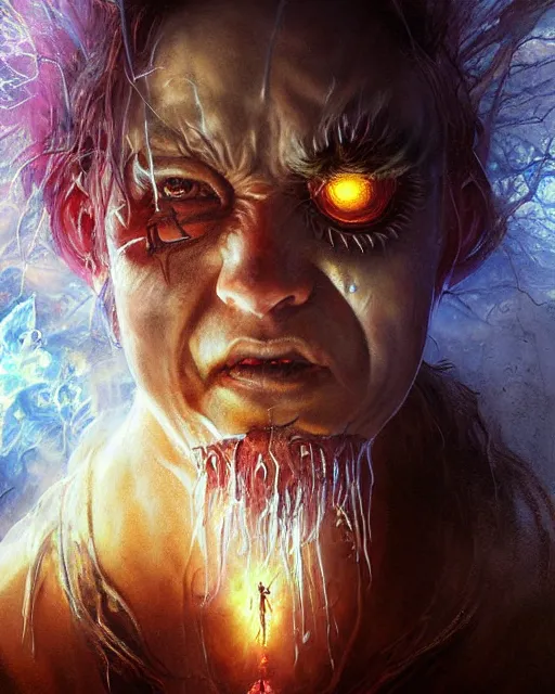 Image similar to evil anime character, award winning photograph, radiant flares, realism, lens flare, intricate, various refining methods, micro macro autofocus, evil realm magic painting vibes, hyperrealistic painting by michael komarck - stephen gammell