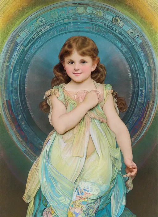 Prompt: a cute little girl with a round cherubic face, blue eyes, and short wavy light brown hair smiles as rainbow colors swirl all around her, chromatic light, rainbow shift. she is wearing a turquoise dress. beautiful painting with highly detailed face by alphonse mucha and artgerm and greg rutkowski