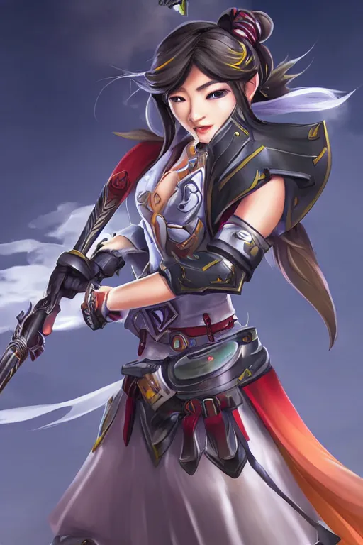 Image similar to a south korean female from paladins, she is holding kunai, highly detailed digital art, character design, masterpiece