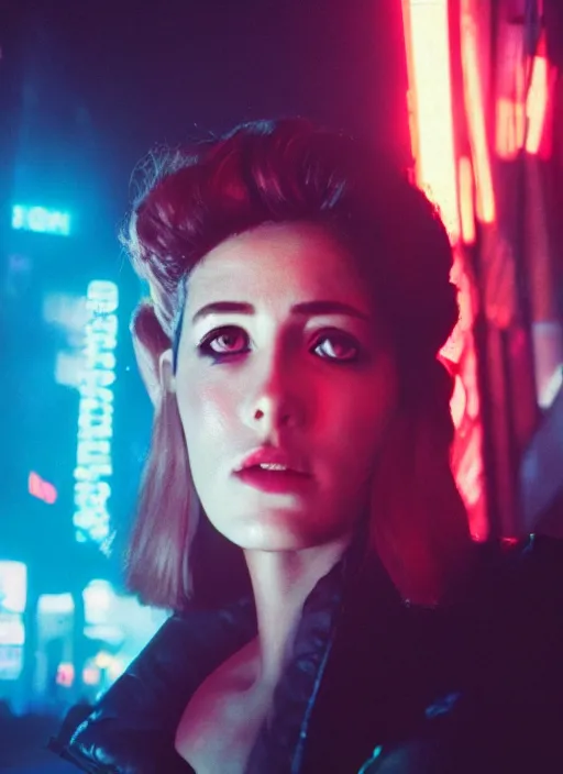 Image similar to A hyper realistic and detailed head portrait photography of a Rachael of Blade Runner on a futuristic street. by Cameron Hammond. Neo noir style. Cinematic. neon lights glow in the background. Cinestill 800T film. Lens flare. Helios 44m