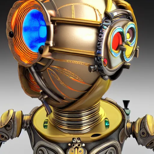 Prompt: a claymodel of a steampunk rococo spaced out futuristic robot head wearing multicolored tubes, 8 k, front view, symetrical, flourescent colors, halluzinogenic, multicolored, exaggerated detailed, front shot, 3 d render, octane