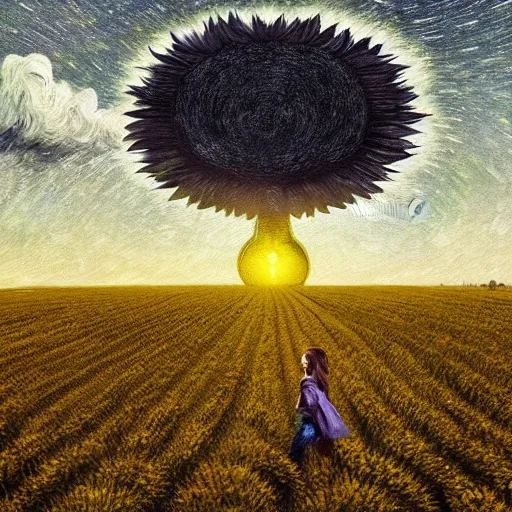 Image similar to huge sunflower as a face, girl walking in wheat field, hills, surreal photography, dark night, star trails, dramatic light, impressionist painting, clouds, digital painting, artstation, simon stalenhag