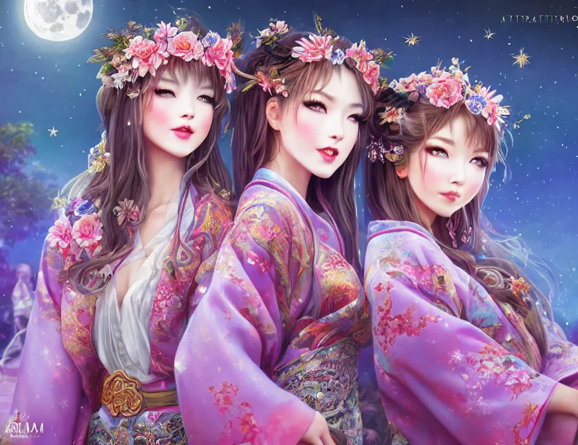 Image similar to two beautiful alluring siberian girls wear fantasy kimono in festival | | sunny night, full moon, dreamlike art, realistic shaded, smile, good looking, hyper details, 4 k realistic, cryengine, realistic shaded lighting poster by artgerm, ross tran, fuji choko, 8 k resolution, trending on artstation, luxury