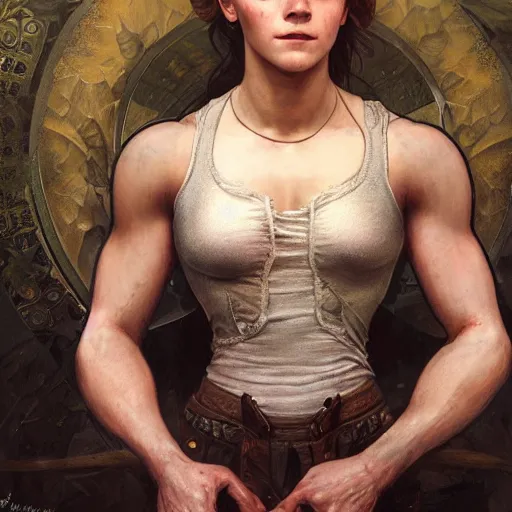 Prompt: portrait painting of a muscular emma watson, ultra realistic, concept art, intricate details, eerie, highly detailed, photorealistic, octane render, 8 k, unreal engine. art by artgerm and greg rutkowski and alphonse mucha