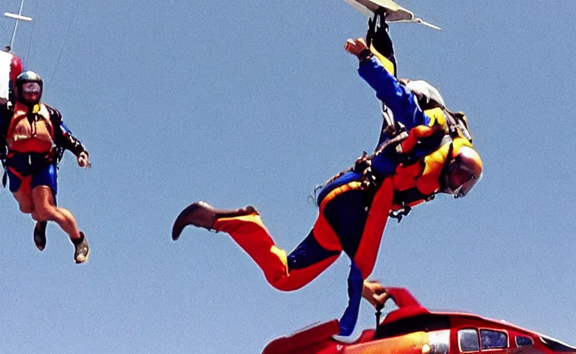 Prompt: close up on a skydiver flexing muscles. plane in the background 8 0'sstyle