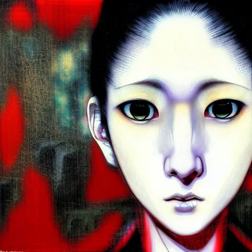 Image similar to yoshitaka amano blurred and dreamy realistic three quarter angle horror portrait of a sinister young woman with short hair, big earrings and red eyes wearing office suit with tie, junji ito abstract patterns in the background, satoshi kon anime, noisy film grain effect, highly detailed, renaissance oil painting, weird portrait angle, blurred lost edges