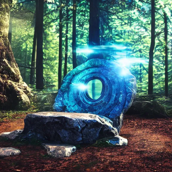 Image similar to magic stone portal in the forest, splash art, movie still, cinematic lighting, dramatic, octane render, extreme close-up, long lens, shallow depth of field, bokeh, anamorphic lens flare, 8k, hyper detailed, 35mm film grain