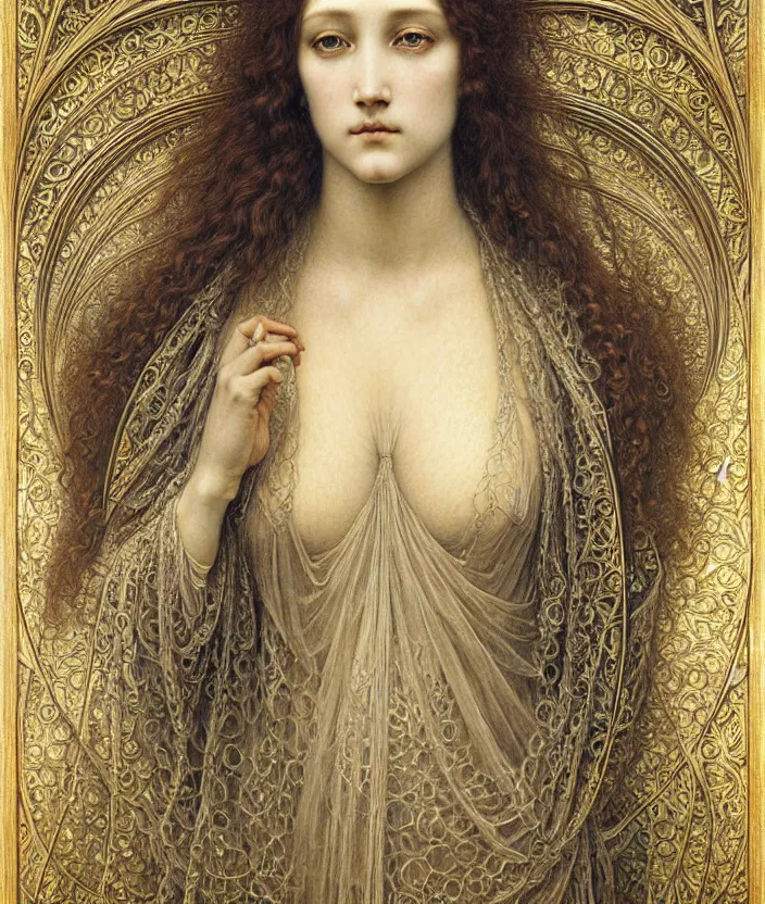 Image similar to detailed realistic beautiful young medieval queen face portrait by jean delville, gustave dore and marco mazzoni, art nouveau, symbolist, visionary, gothic, pre - raphaelite. horizontal symmetry