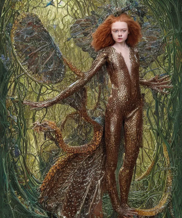 Prompt: a portrait photograph of sadie sink as a strong alien harpy queen with amphibian skin. she is dressed in a emerald lace shiny metal slimy organic membrane catsuit and transforming into a snake antilope. by donato giancola, walton ford, ernst haeckel, peter mohrbacher, hr giger. 8 k, cgsociety, fashion editorial