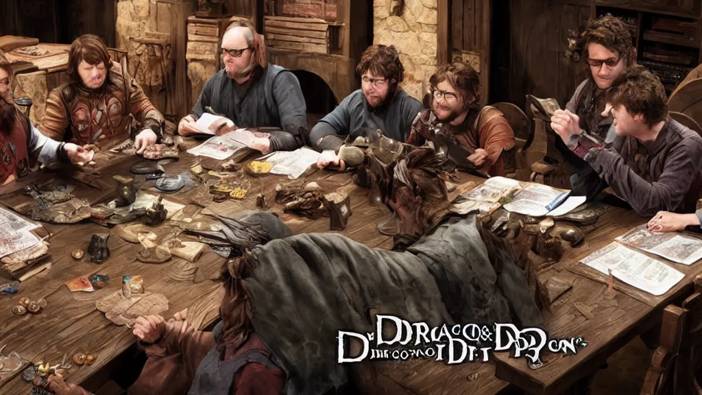 Prompt: nerds playing d & d, by weta digital, cinematic, dragons and dungeons, tabletop rpg