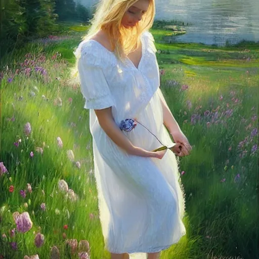 Image similar to blonde woman, nightgown, swedish countryside, archipelago, morning, masterpiece, highly detailed, beautiful, atmospheric, impressionism, painting by Vladimir Volegov