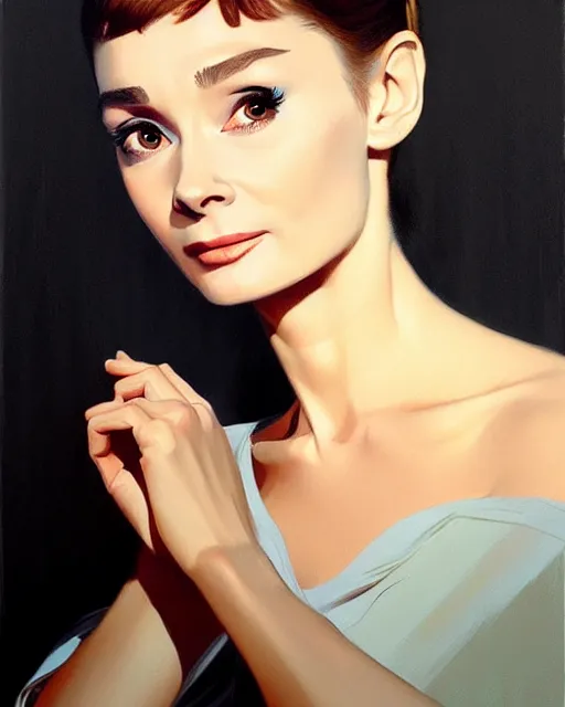 Image similar to an artistic pose, composition, audrey hepburn, realistic shaded, fine details, realistic shaded lighting poster by ilya kuvshinov, magali villeneuve, artgerm, jeremy lipkin and michael garmash and rob rey