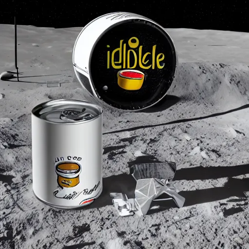 Prompt: photo of a detailed idle electric guitar and an detailed idle beer can next to one another on the moon surface. realistic. detailed