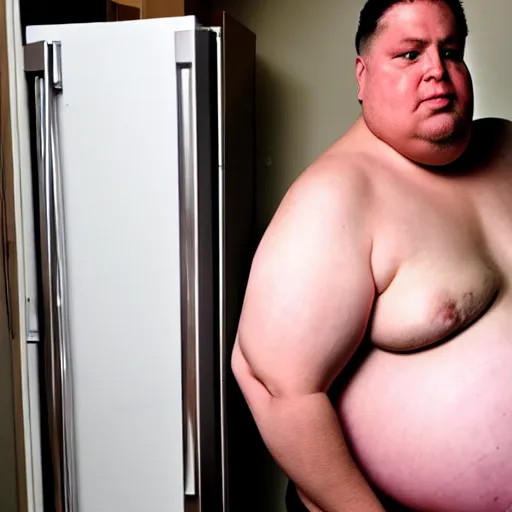 Prompt: obese shirtless landlords inspecting tenant refrigerator at night, security camera