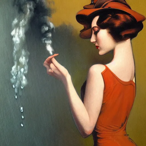 Image similar to oil painting of realistic woman, 1 9 3 0 s decopunk penthouse pleasure factory, rain and smoke, dramatic lighting, tech noir, wet skin, atmospheric, ambient, rupert everton, wlop, george tooker, gil elvgren, alexis flower, hopper, mucha, peter max, livia prima,