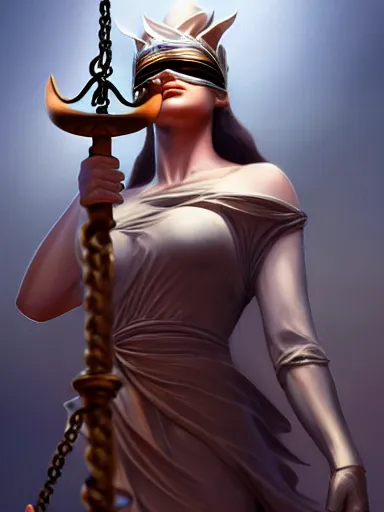 Prompt: lady justice blindfolded holding a balance. intricate, elegant, highly detailed, digital painting, artstation, concept art, sharp focus, illustration, by justin gerard and artgerm, 8 k