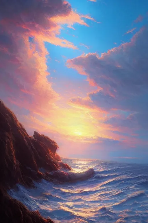 Prompt: beautiful sunset over the ocean magic oil paint surrealistic highly detailed ethereal, by trending on artstation sharp focus by greg rutkowski, artgerm