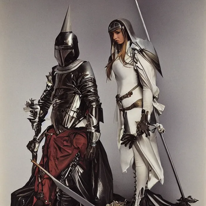 Image similar to teutonic knight, full body, high fashion, latex, rubber, sharp, flowing, slick, highly detailed, motion, concept art, smooth, sharp focus, hd, art by alphonse mucha and caravaggio and annie leibovitz