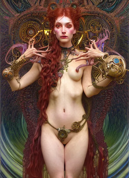 Image similar to hyper detailed masterpiece succubus girl enchantress by donato giancola and tom bagshaw, face by artgerm and edmund leighton, and alphonse mucha, trending on artstation, colorful, psychedelic aesthetic, ornate, background by gustav klimt, 8 k, biomechanical, majestic, volumetric lighting, porcelain skin, concept art, sharp focus