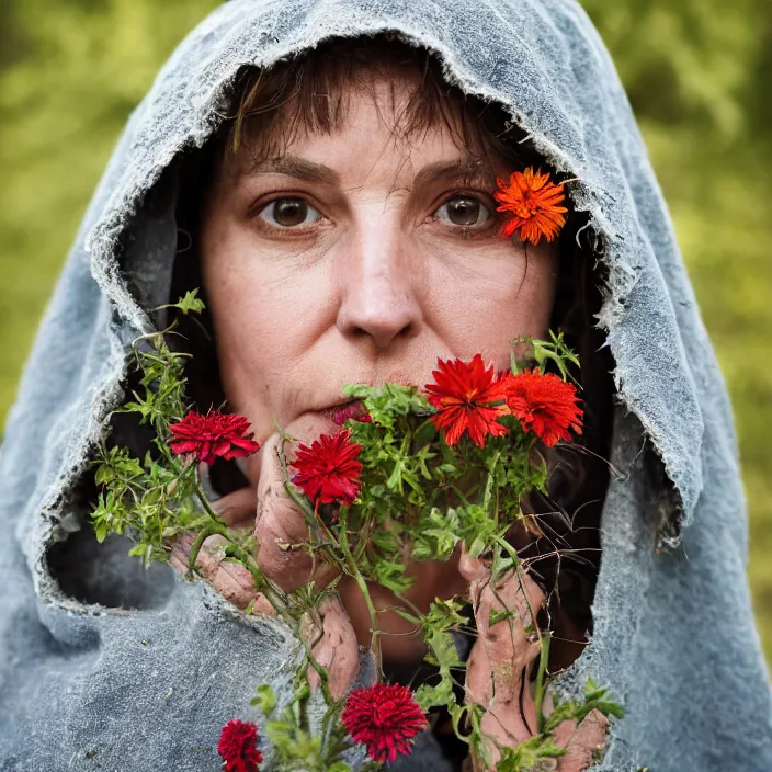 Image similar to a closeup portrait of a woman wearing a hooded cloak made of zinnias and barbed wire, in a derelict house, by Charlotte Grimm, natural light, detailed face, CANON Eos C300, ƒ1.8, 35mm, 8K, medium-format print