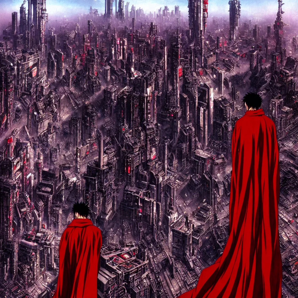 Prompt: tetsuo with red cape in neo - tokyo overlooking city, from akira | anime, matte painting, perfect detailed face anime art, dystopian megacity neo - tokyo akira, shaded perfect, fine details. realistic shaded lighting anime manga artwork by katsuhiro otomo, akira, artgerm, jeremy lipkin and michael garmash and rob rey