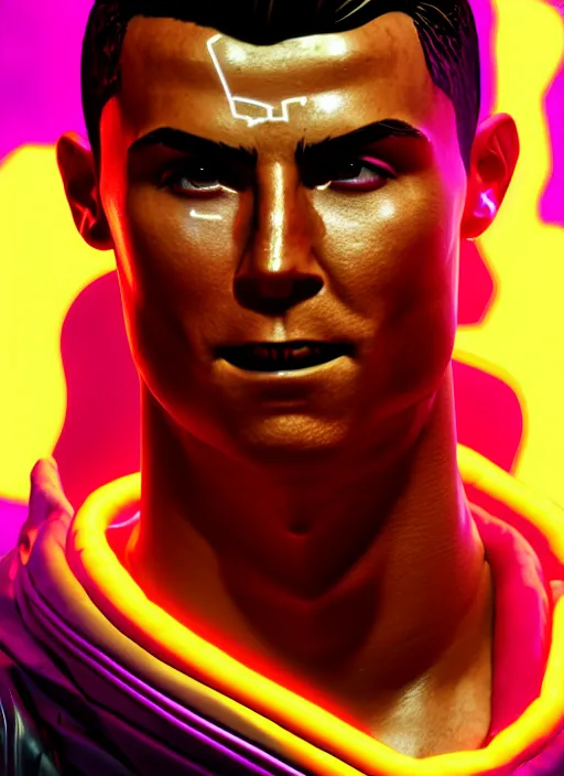 Image similar to glowwave portrait of cristiano ronaldo from borderlands 3, au naturel, hyper detailed, digital art, trending in artstation, cinematic lighting, studio quality, smooth render, unreal engine 5 rendered, octane rendered, art style by klimt and nixeu and ian sprigger and wlop and krenz cushart.