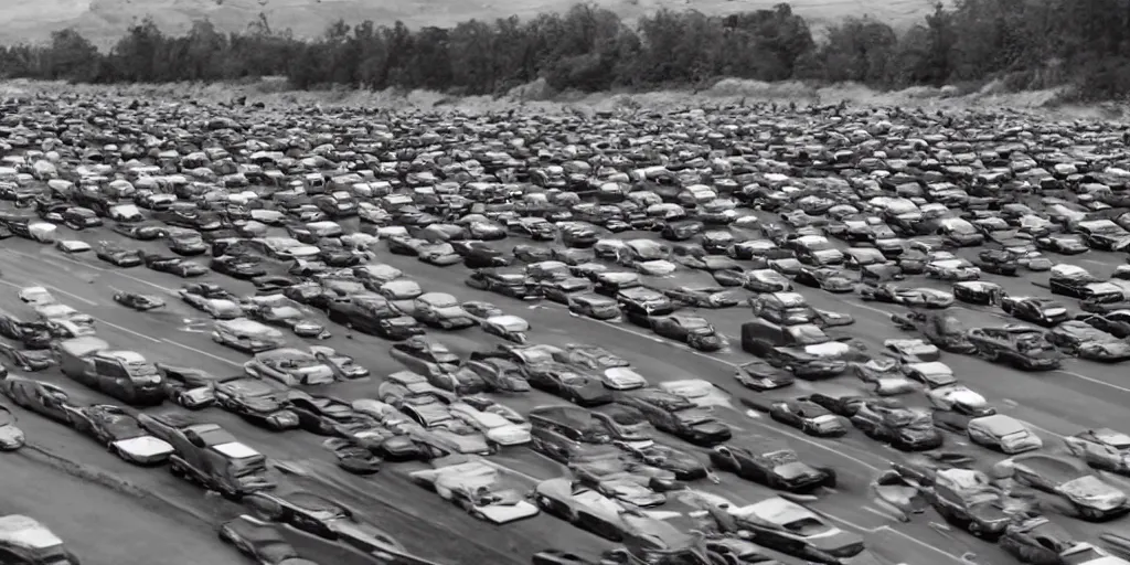 Image similar to an infinite convoy line of cars , extreme wide shot, infinite regression