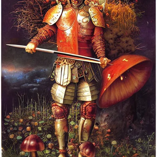 Image similar to portrait of a mushroom knight, by howard david johnson and gerald brom