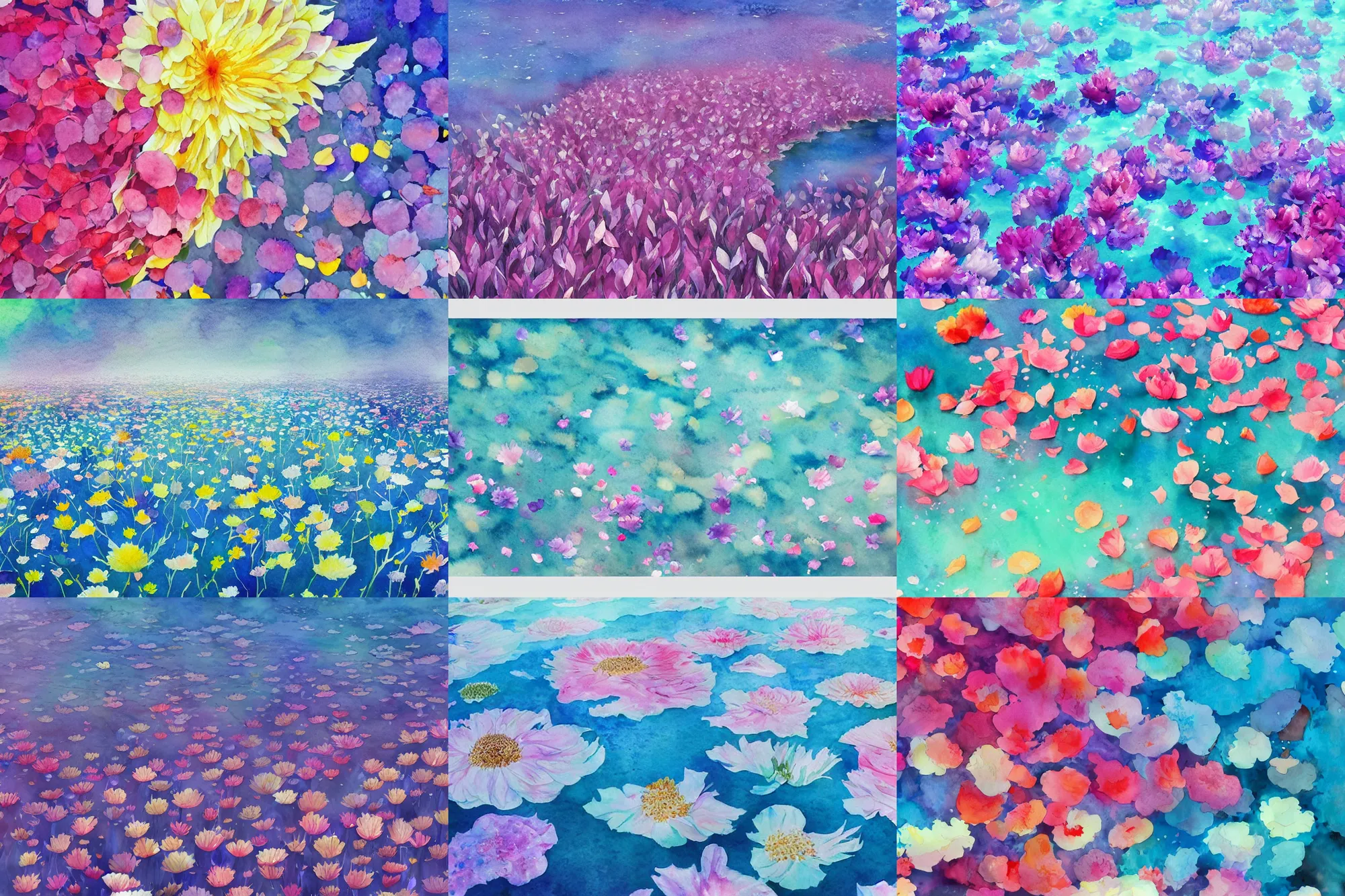 Prompt: Ocean of petals, high quality watercolors, award winning, trending on ArtStation