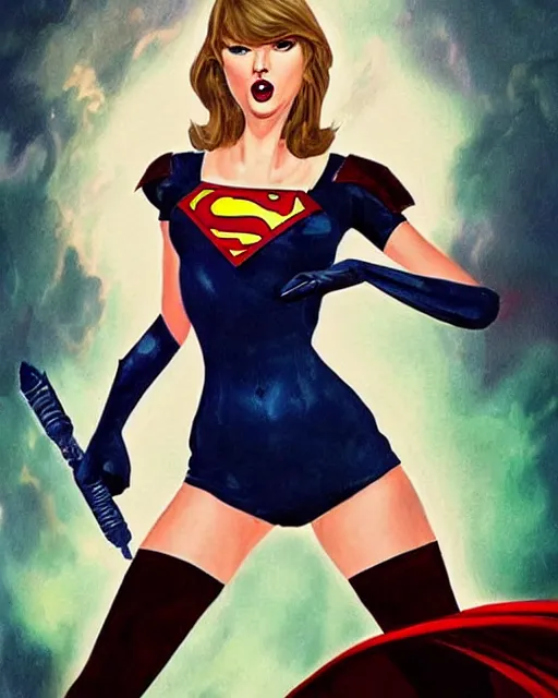 Image similar to taylor swift as a super hero similar to seraphine from league of legends with a microphone in her hand as her weapon drawn in frank frazetta style, high quality, very well proportioned silhouette, contemporary art, taylor swift face