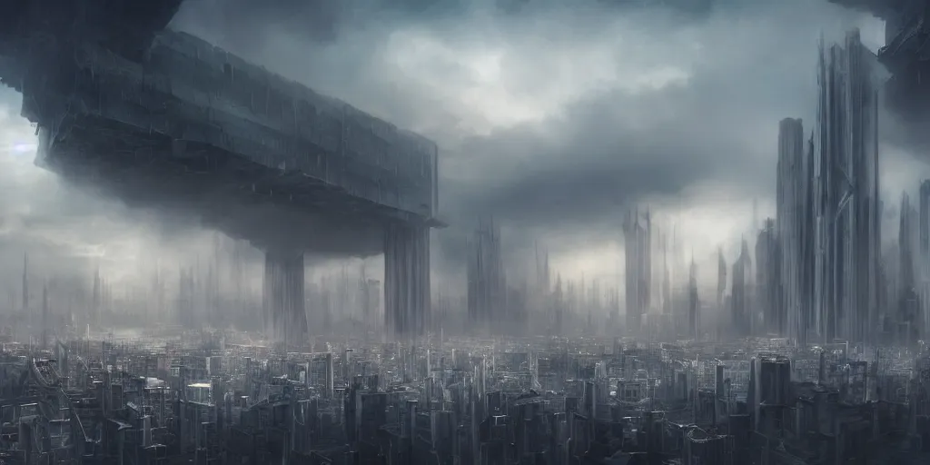 Image similar to a sprawling fantasy city inspired by brutalism with high towers, photorealistic, movie concept art, magical atmosphere, maximalist, cinematic lighting, cinematic atmosphere, Extreme long shot, extreme wide shot, octane, matte painting, volumetric lighting, atmosphere, mist, fog, clouds, Matte painting, v-ray,