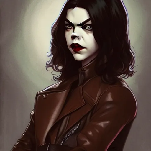 Image similar to rafael albuquerque comic art, art nouveau, peter mohrbacher, pretty female anya taylor - joy vampire sharp vampire teeth open mouth, symmetrical eyes and face, brown leather jacket, jeans, long black hair, full body