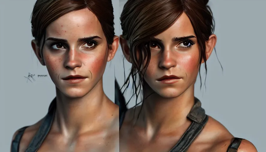 Image similar to hand painted figurine of emma watson as lara croft, hyperdetailed, artstation, cgsociety, 8 k