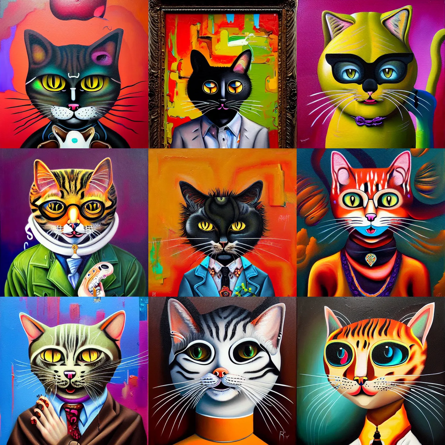 Prompt: anthropomorphic cat painting by andrei riabovitchev, tara mcpherson, david choe, decorative graffity, detailed painterly impasto brushwork