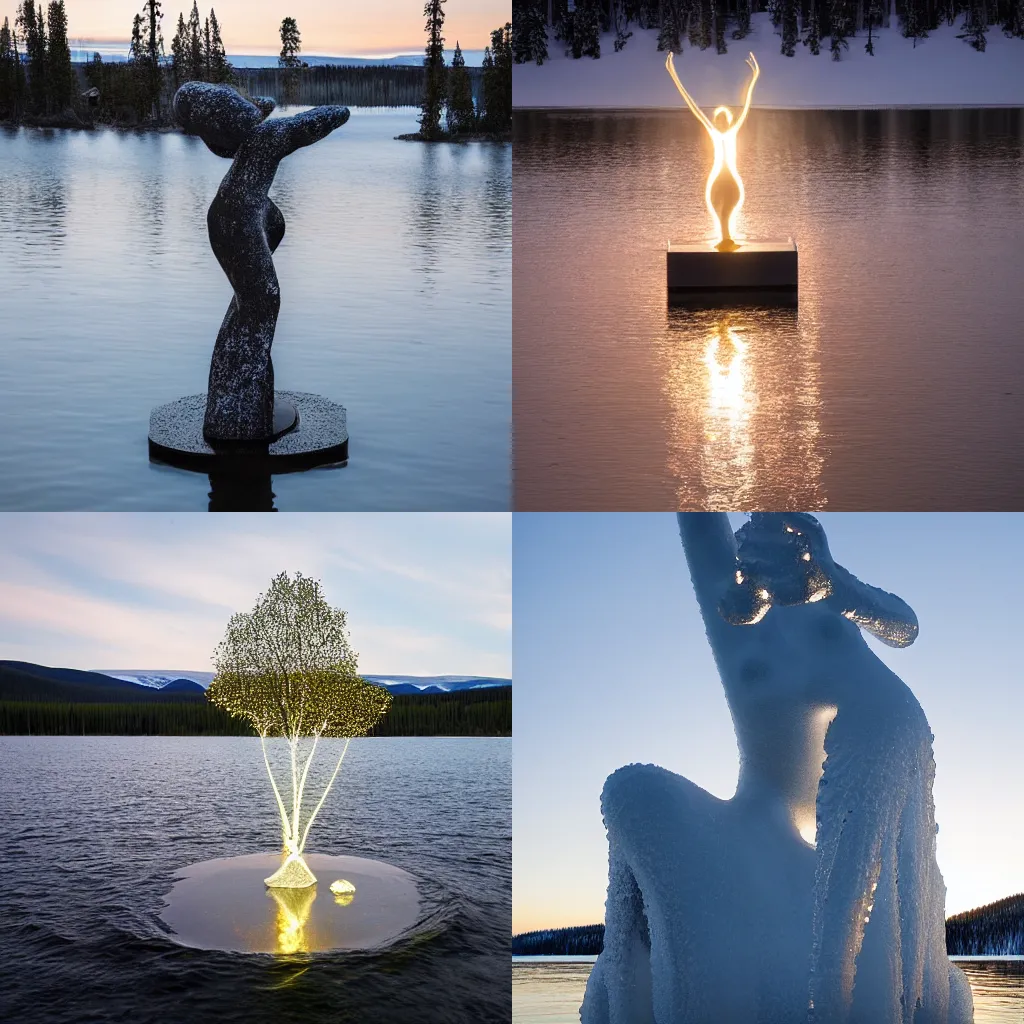 Prompt: a luminous monument to the spirit of the lake made of water looks at the camera, smiles sweetly and stretches its hands to the camera, Northern Finland,