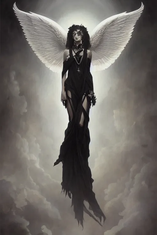 Prompt: portrait of the angel of death, black and silver, by tom bagshaw and alphonse mucha and atey ghailan and artgerm and and greg rutkowski, hyper realistic, octane render, trending on artstation