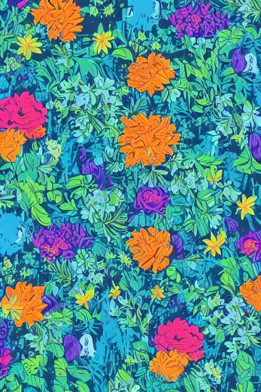 Prompt: forest with flowers blue, Digital Matte Illustration by Dan Mumford, lisa frank