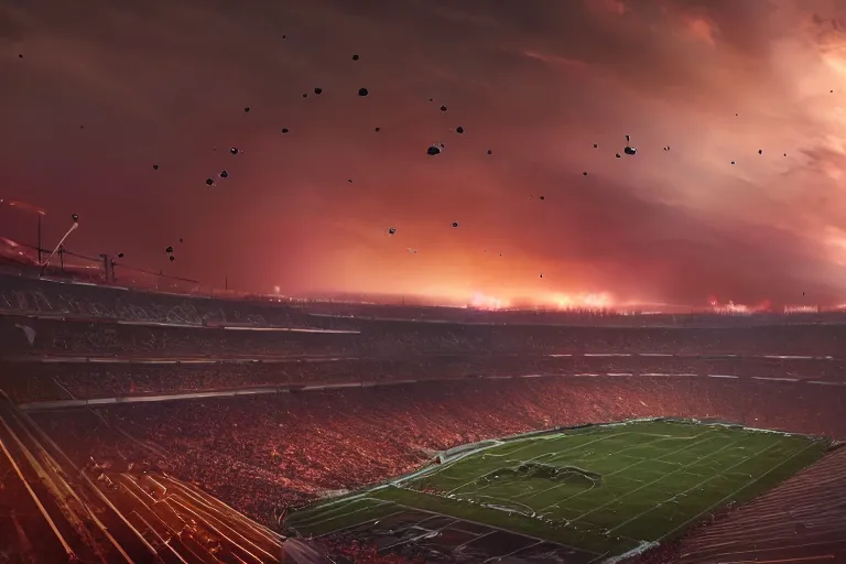 Image similar to meteors fall from the red sky down to a crumbling football stadium, crowds panic, cinematic lighting by jessica rossier, realistic, highly - detailed, 8 k, photorealistic, hyper detailed, unreal engine 5, imax quality, cinematic, epic lighting, football live, live sports