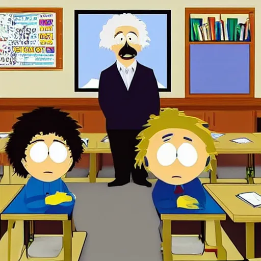 Prompt: Albert Einstein in a classroom in the style of South Park