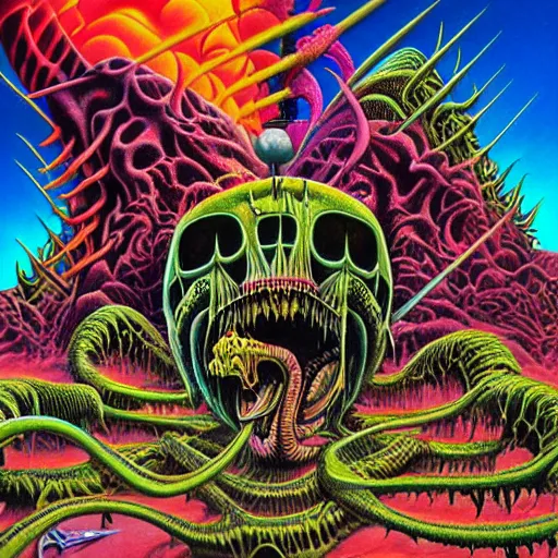 Prompt: thrash metal album cover in the style of roger dean, realistic, sharp focus, 8k high definition, insanely detailed, intricate, smooth, airbrush, art by kenny scharf and philippe druillet