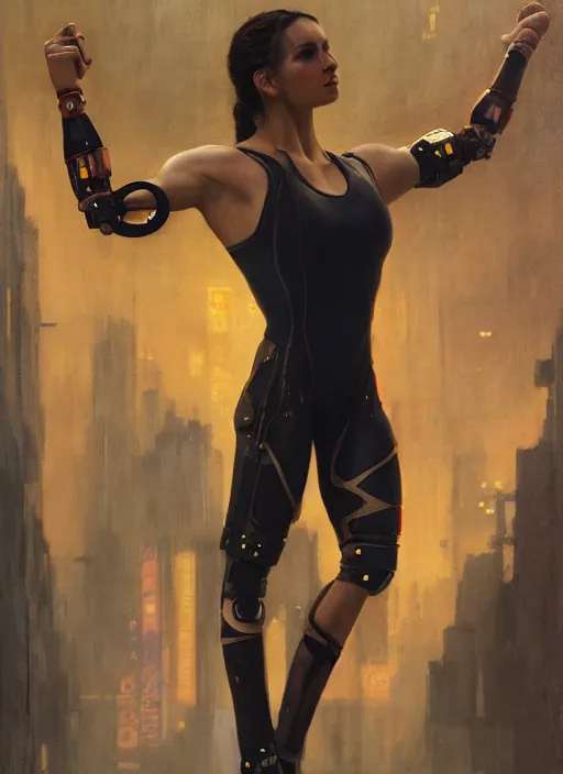 Image similar to buff cyberpunk olympic gymnast with robotic arms wearing a jumpsuit ( blade runner 2 0 4 9, cyberpunk 2 0 7 7 character design ). orientalist portrait by john william waterhouse and james gurney and theodore ralli and nasreddine dinet, oil on canvas. cinematic, hyper realism, realistic proportions, dramatic lighting, high detail 4 k