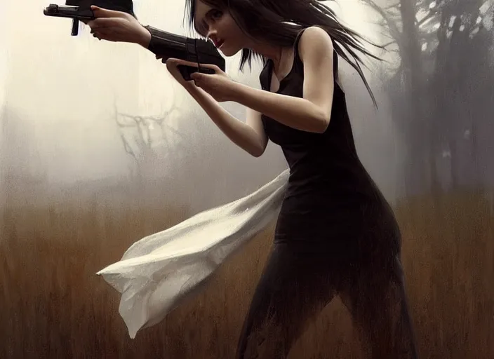 Image similar to white dress girl chasing from crazy grim reaper, holding a gun, messy hair, messy lines, scared face, beautiful and aesthetic and attractive, dramatic situation, specular reflection, occlusion shadow, intricate, bokeh, by ilya kuvshinov and jeremy lipking and quentin mabille