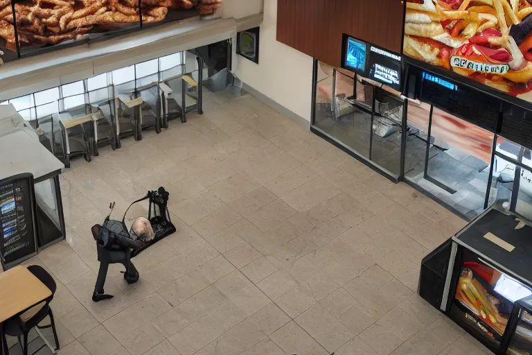 Prompt: overhead view, surveillance, a large adult tiger walking around inside of an empty fast food restaurant lobby