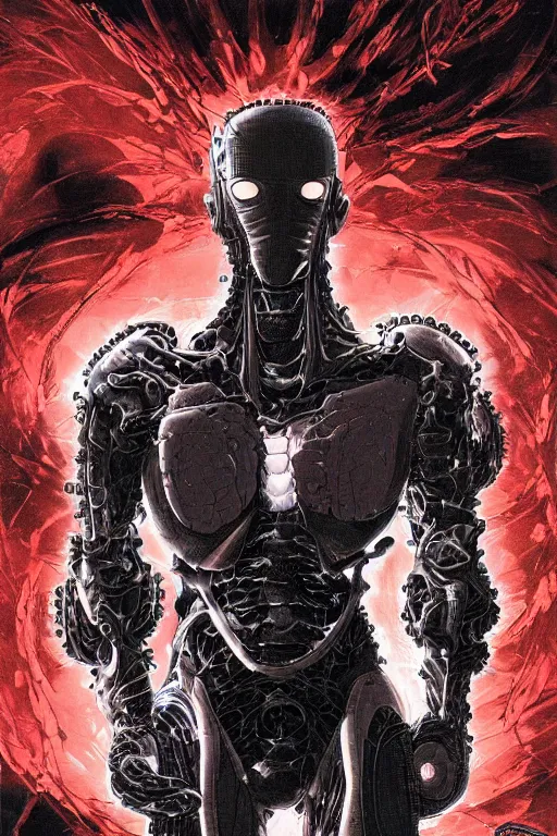 Prompt: powerful biomechanical soldier enhanced using a nanosuit with artificial muscles under the armor plating, at dusk, a color cover illustration by tsutomu nihei, tetsuo hara and katsuhiro otomo