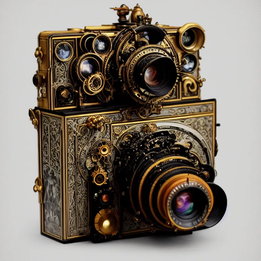 Prompt: photograph of a very beautiful steampunk medium format camera!. plain grey background. centered. highly detailed. artstation, concept art, symmetry, smooth, sharp focus, art by john singer sargent and and mucha by theodore ralli and nasreddine dinet and anders zorn and nikolay makovsky and edwin long