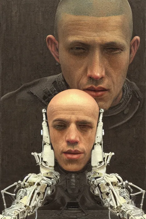 Image similar to robot monk painting a self - portrait on a canvas. intricate, highly detailed, photorealistic, film still, by vdragan bibin.