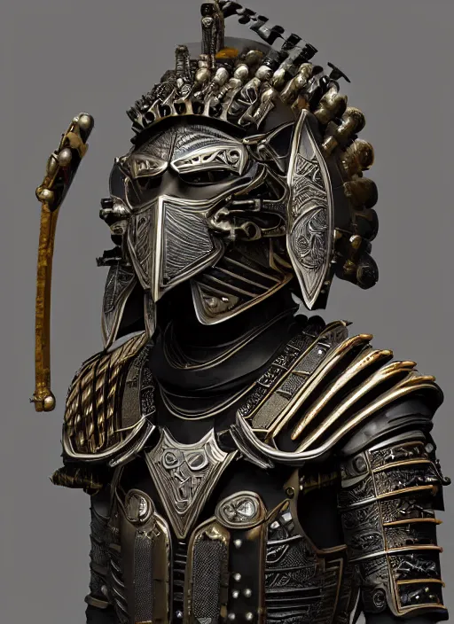Prompt: hyper realistic glorious ancient samurai in a obsidian metal armor, futuristic design, designed by makoto kobayashi and luca zampriolo, portrait, cyberpunk style, wood and gold details, intricate, extremely detailed, ornate, deep of field, hard surface, exoskeleton, substance designer metal unreal engine. amazing likeness. very detailed.